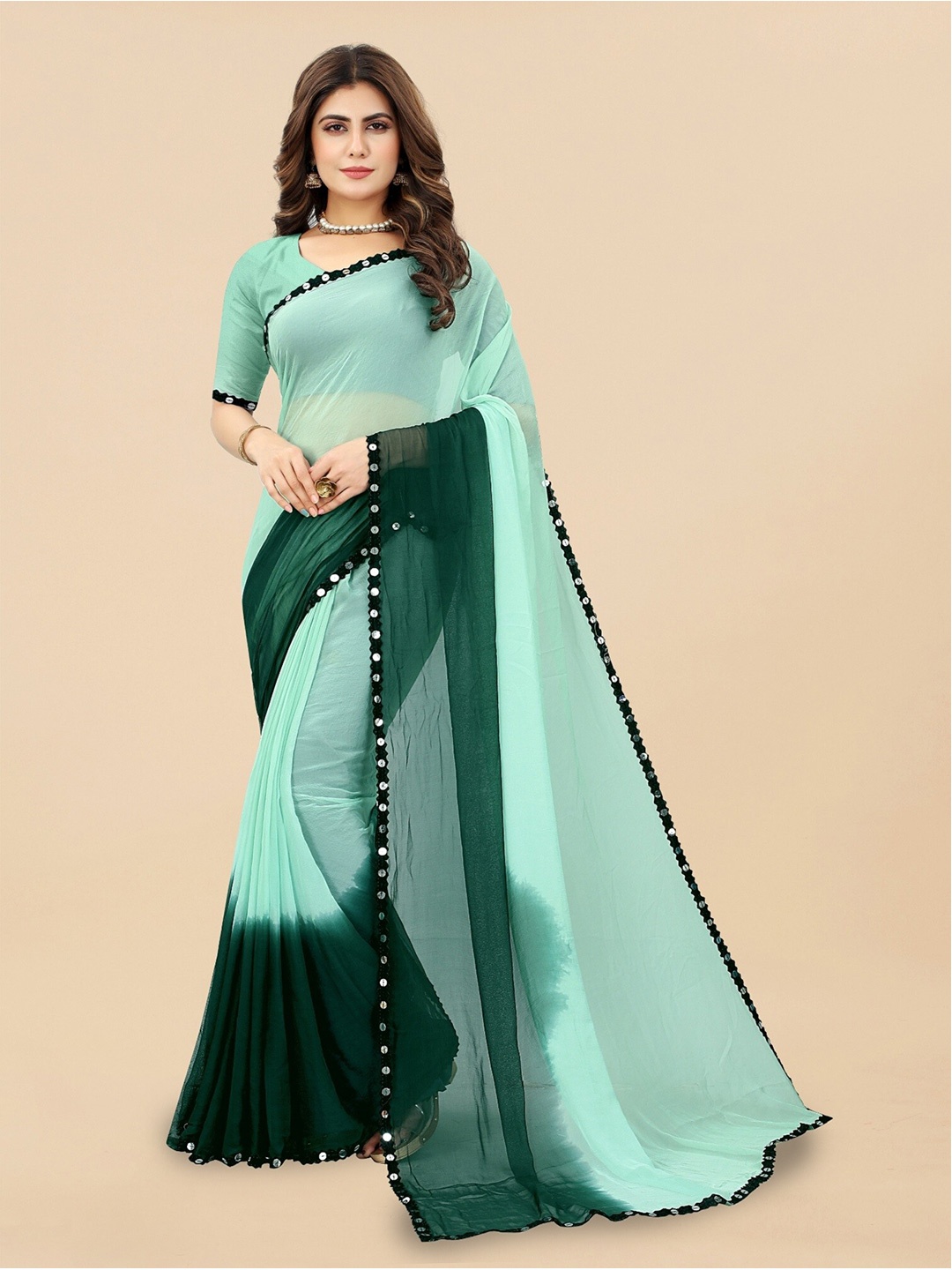 

APNISHA Ombre Sequined Saree, Sea green