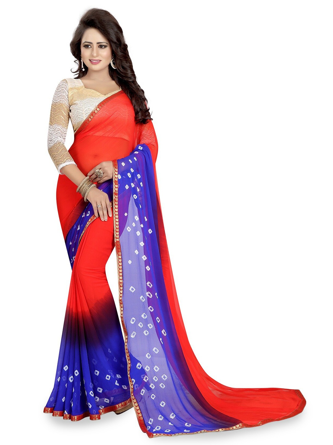 

APNISHA Red & Blue Bandhani Zari Bandhani Saree