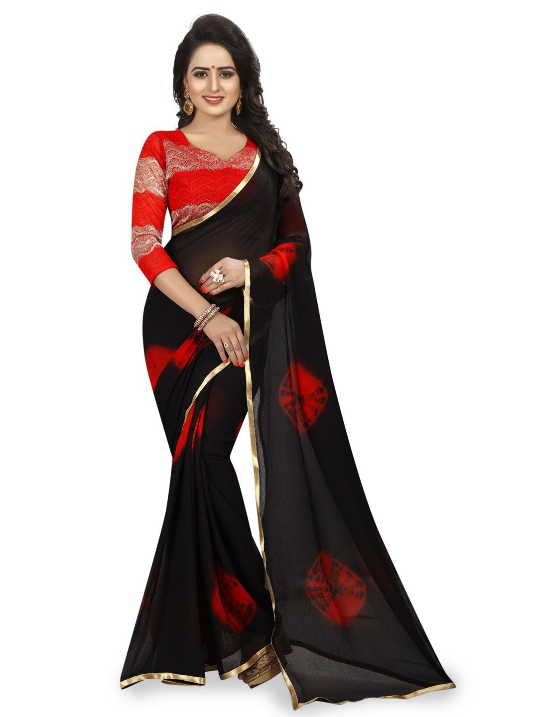 

APNISHA Black & Red Bandhani Zari Poly Chiffon Bandhani Saree