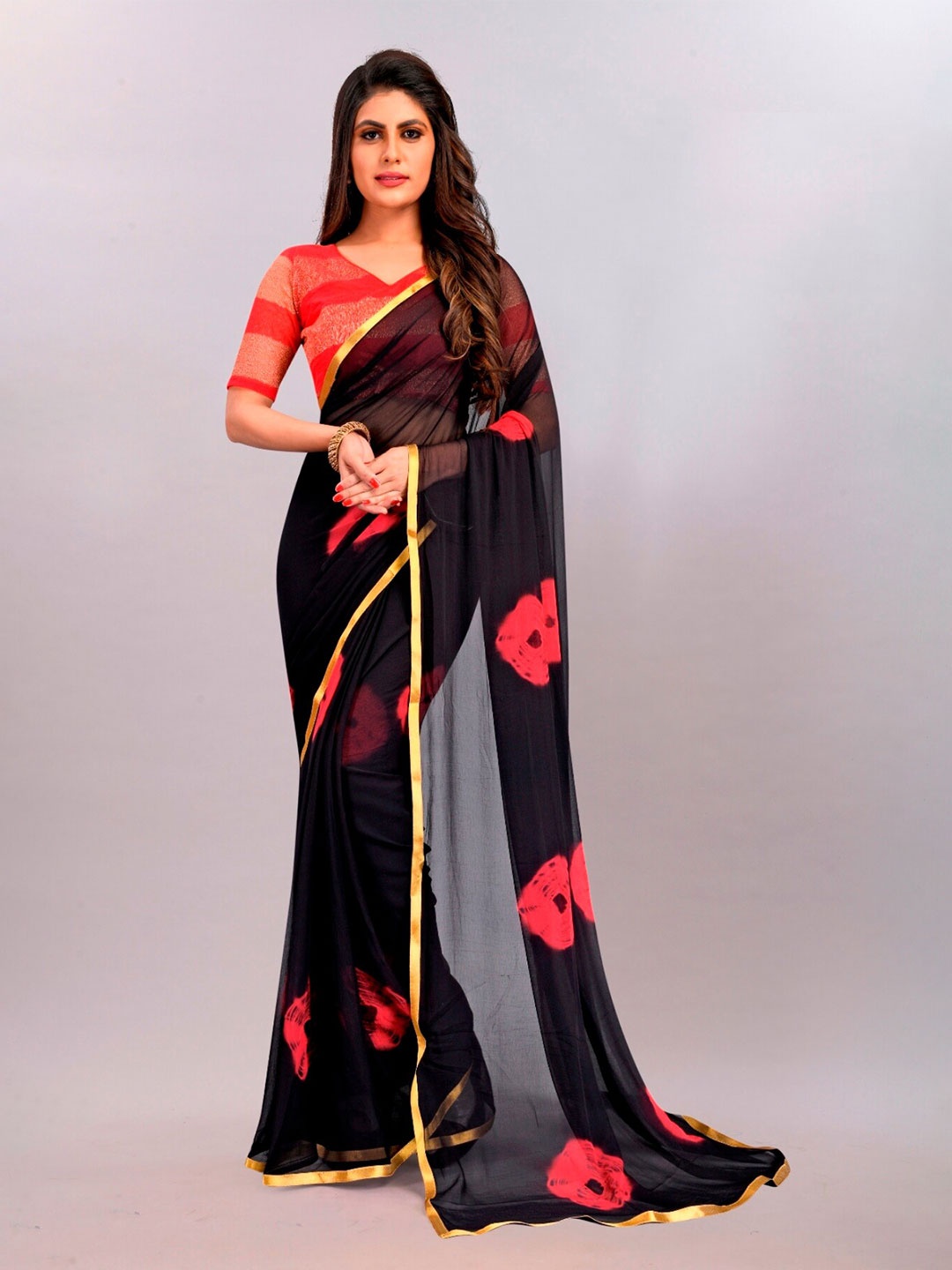 

APNISHA Poly Chiffon Zari Bandhani Saree, Black