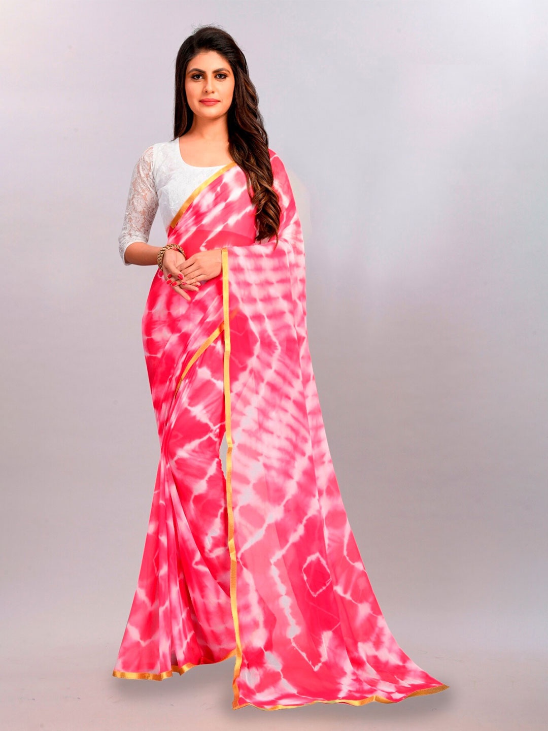 

APNISHA Pink & White Tie and Dye Zari Poly Chiffon Leheriya Saree