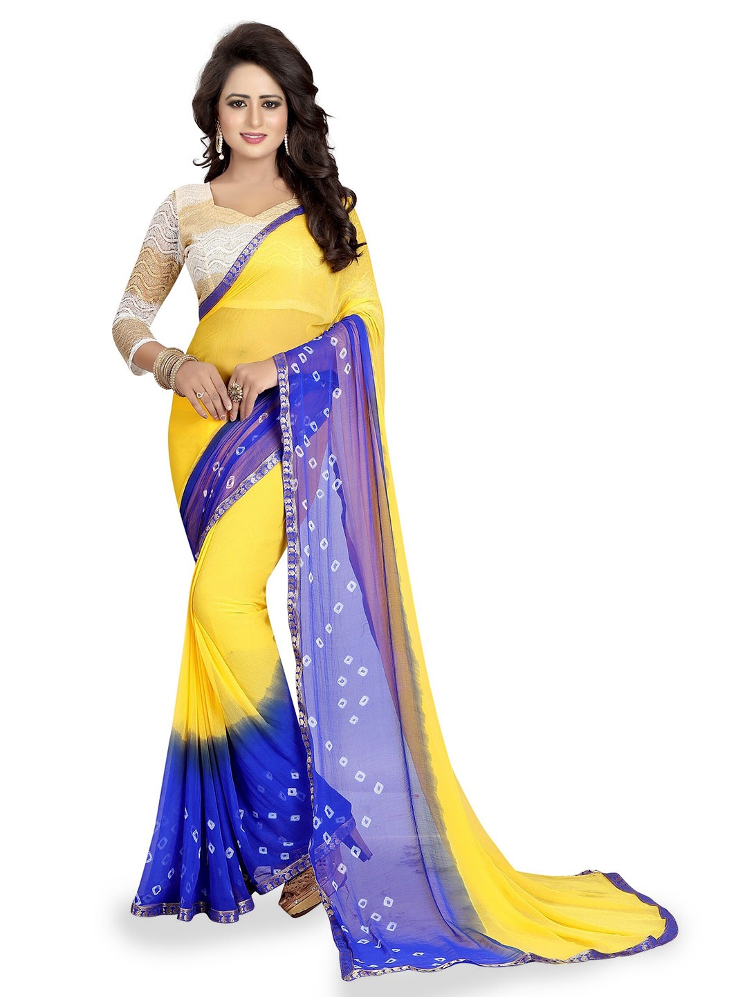 

APNISHA Poly Chiffon Zari Bandhani Saree With Blouse Piece, Yellow