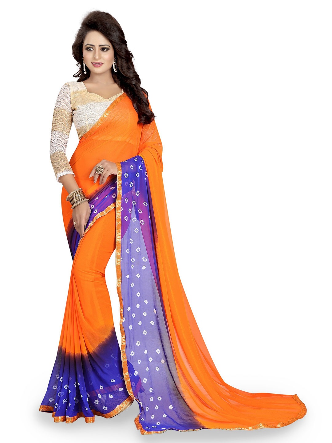 

APNISHA Orange & Blue Bandhani Zari Poly Chiffon Bandhani Saree