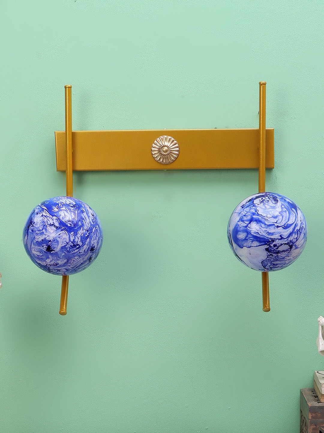 

MFD HOME FURNISHING Blue Printed 2 Pcs Glass Wall Mounted Lamps With Metal Base, Gold