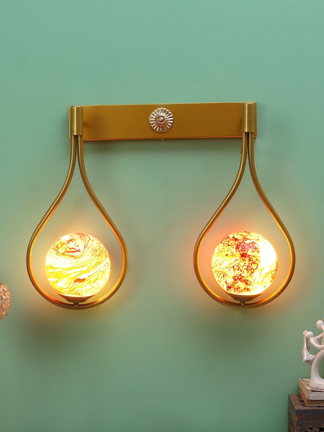 

MFD HOME FURNISHING Beige & Red Dual 2 Pcs Glass Shade Wall Mounted Lamp With Metal Base