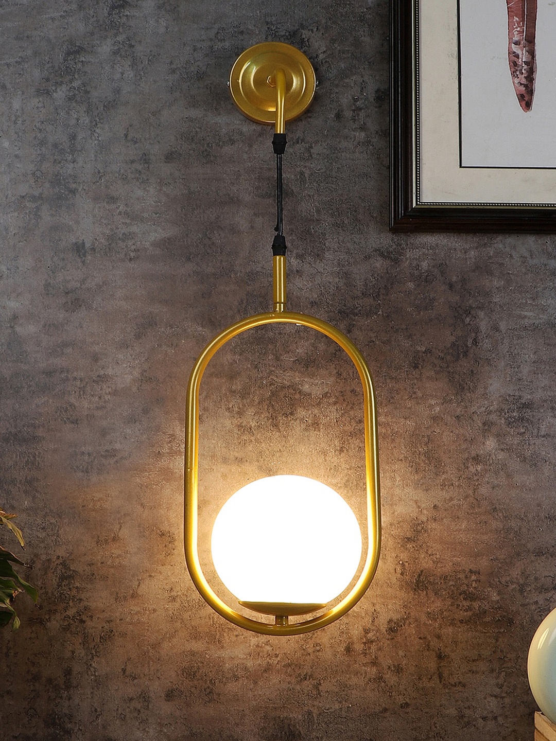 

MFD HOME FURNISHING Gold Toned & White Glass Wall Lamp With Metal Base