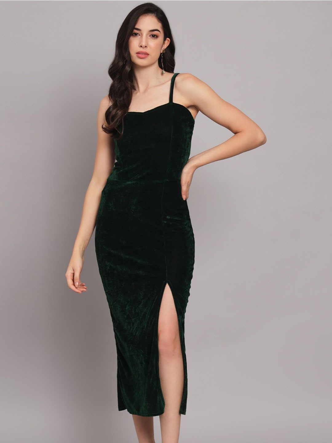 

VAARARO Shoulder Straps Velvet Sheath Midi Dress, Green