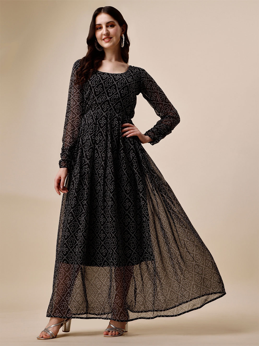 

Vaidehi Fashion Bandini Printed Georgette Maxi Dress, Black