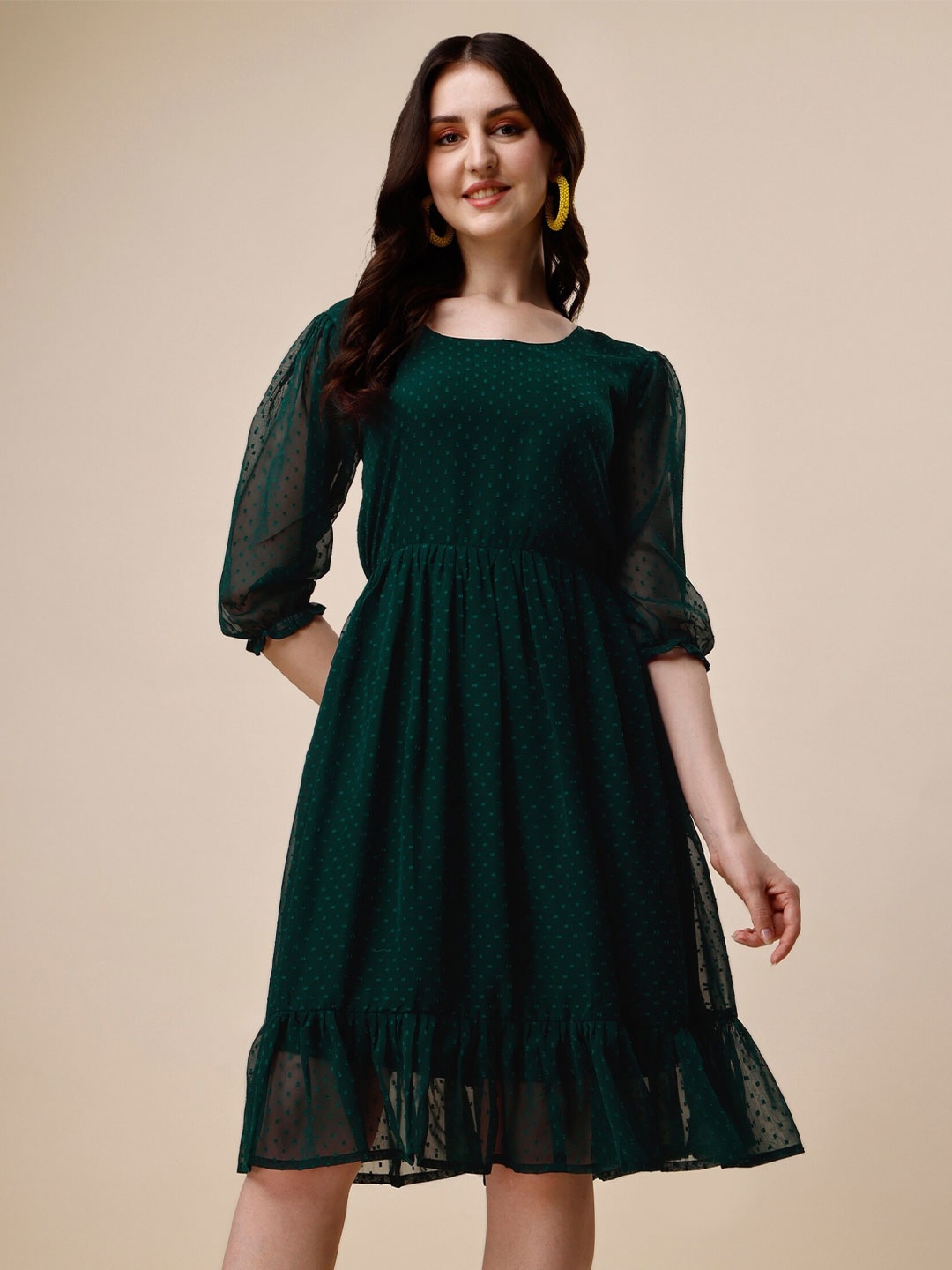 

Vaidehi Fashion Puff Sleeve Self Design Fit & Flare Dress, Green