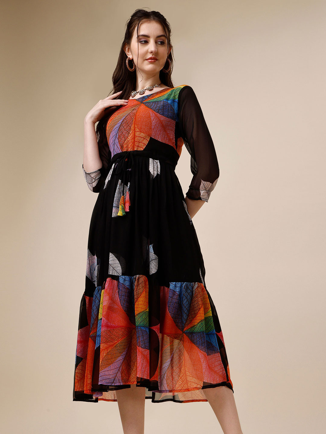 

Vaidehi Fashion Floral Printed Georgette Fit & Flare Midi Dress, Black