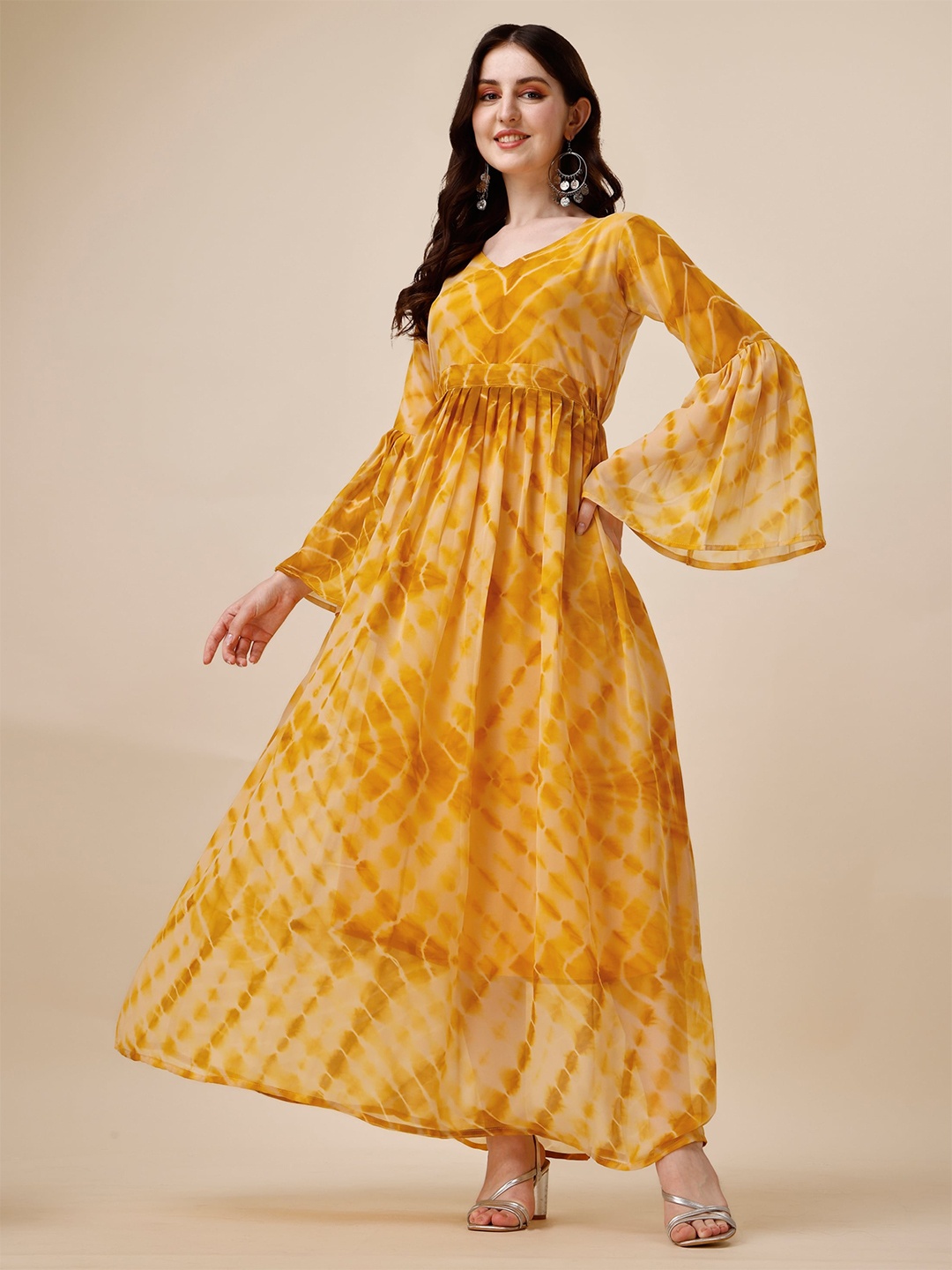 

Vaidehi Fashion Tie And Dye Bell Sleeve Tiered Georgette Maxi Dress, Yellow