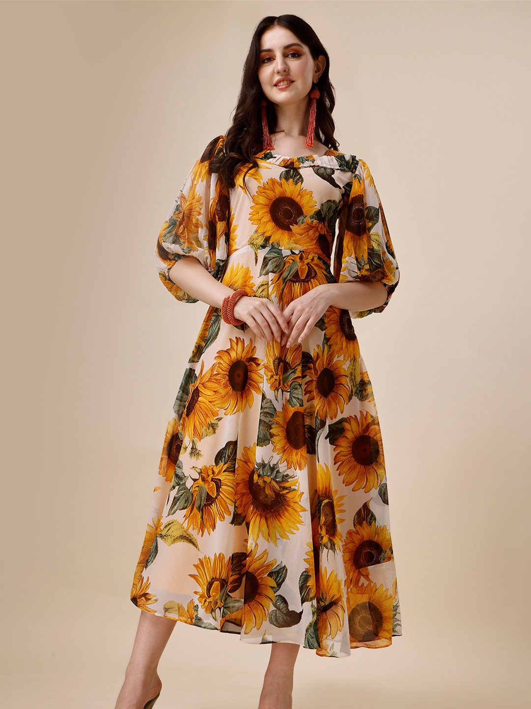 

Vaidehi Fashion Floral Print Puff Sleeve Georgette Fit & Flare Midi Dress, Yellow