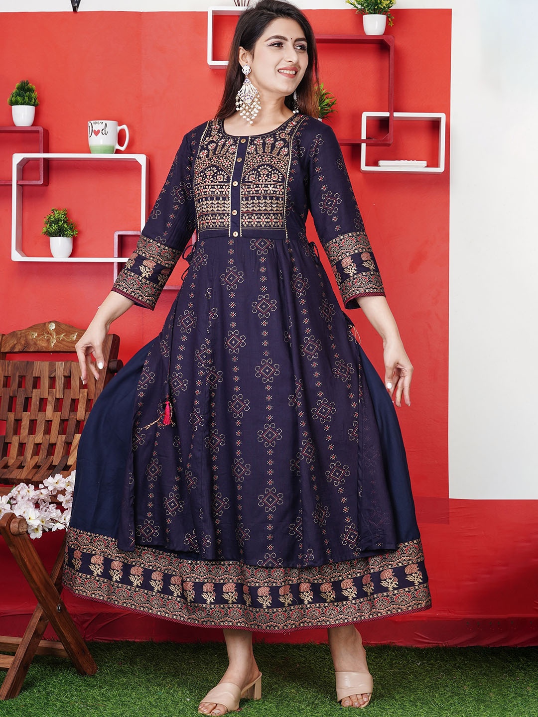 

misbis Ethnic Motifs Printed Gotta Patti High Slit Kurta, Blue