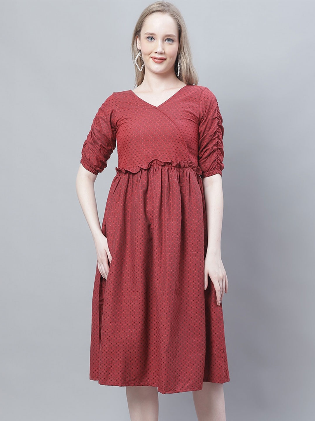 

Enchanted Drapes Self Design Ruched Sleeve Pure Cotton Wrap Dress, Red