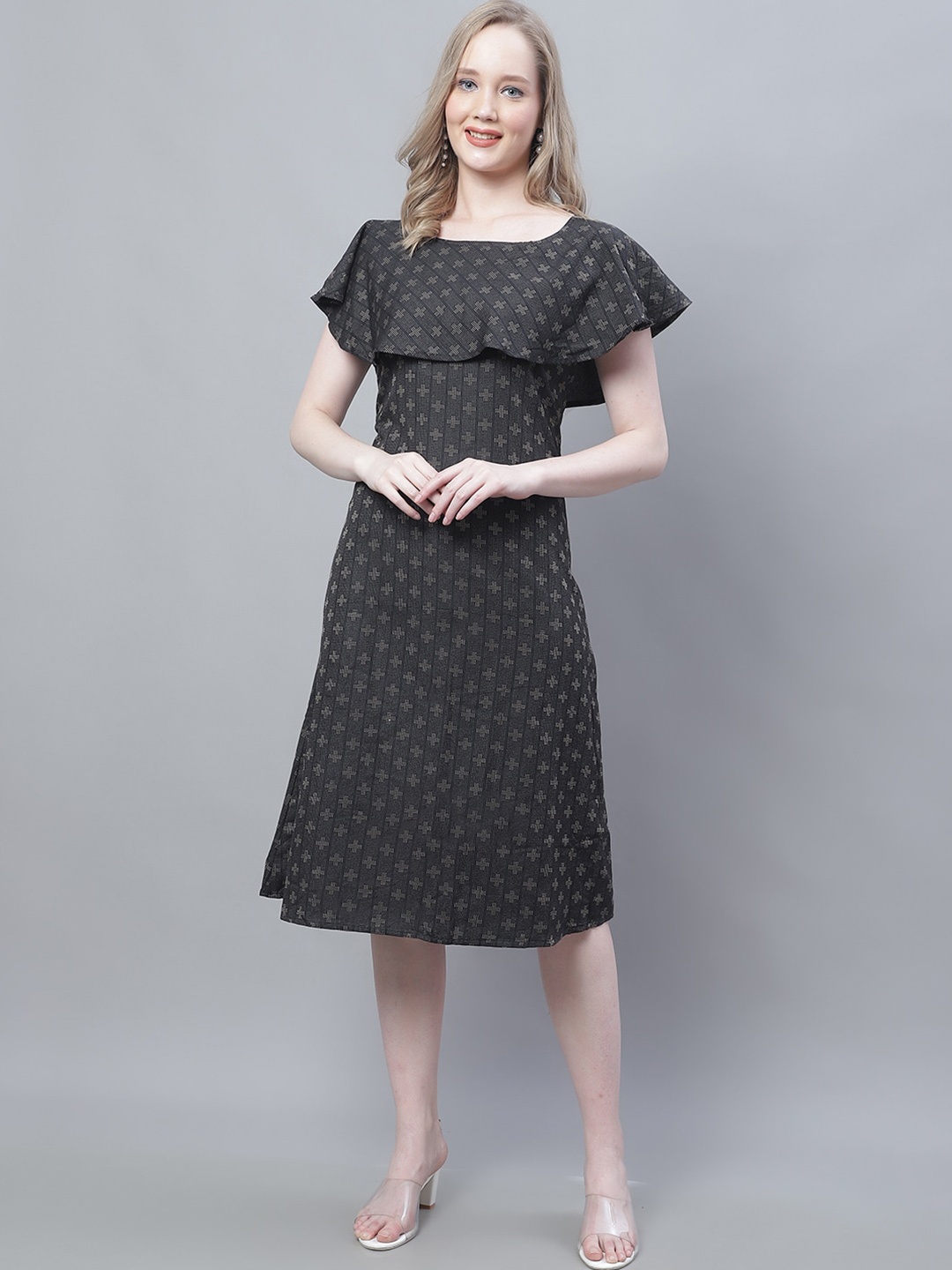 

Enchanted Drapes Geometric Self Design Flared Sleeve Pure Cotton A-Line Dress, Black