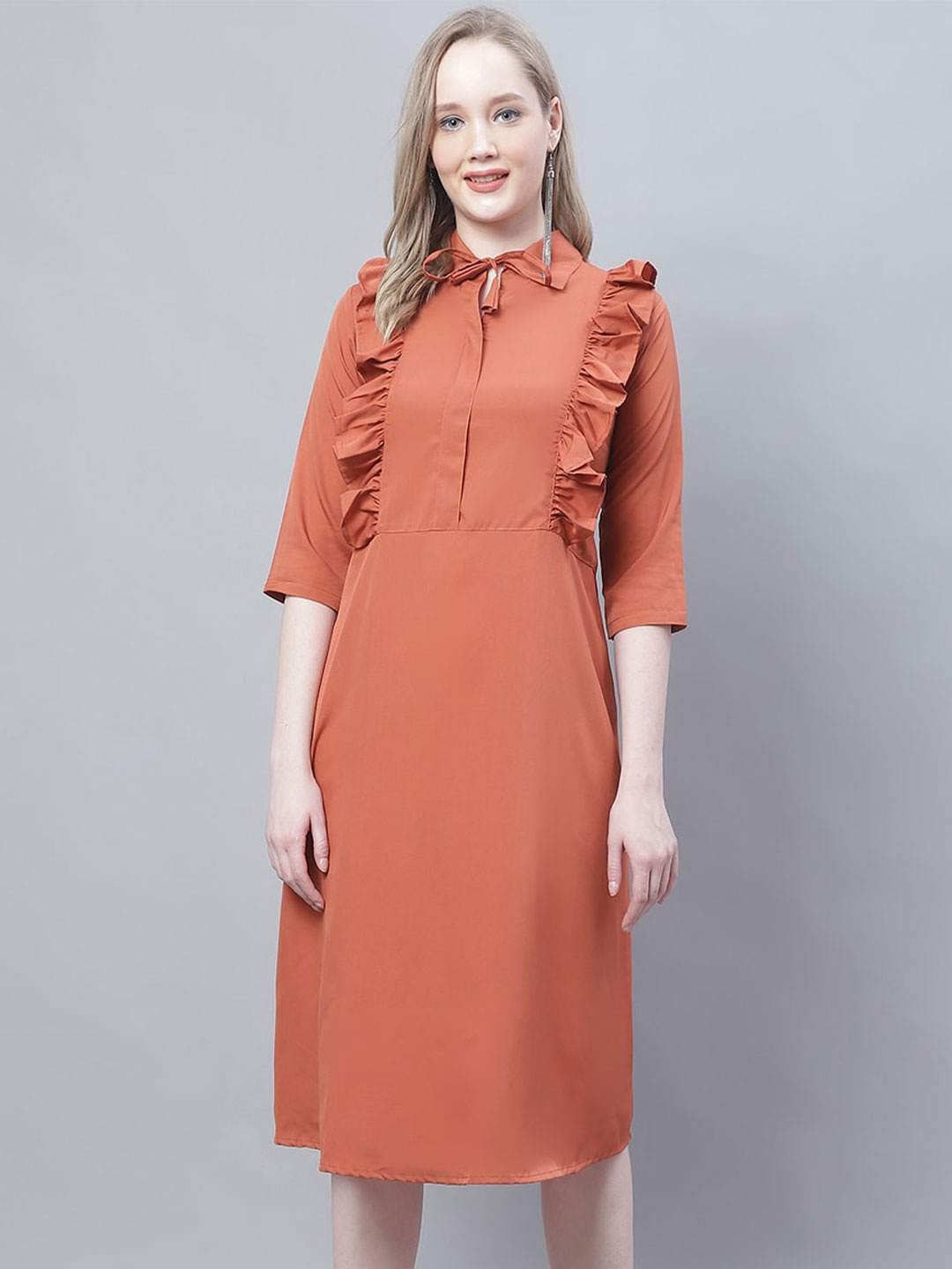 

Enchanted Drapes Ruffled Crepe A-Line Midi Dress, Rust