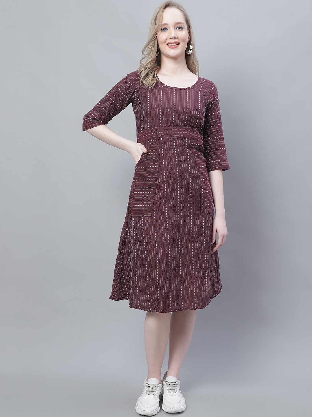 

Enchanted Drapes Striped Flared Sleeve Pure Cotton A-Line Dress, Violet