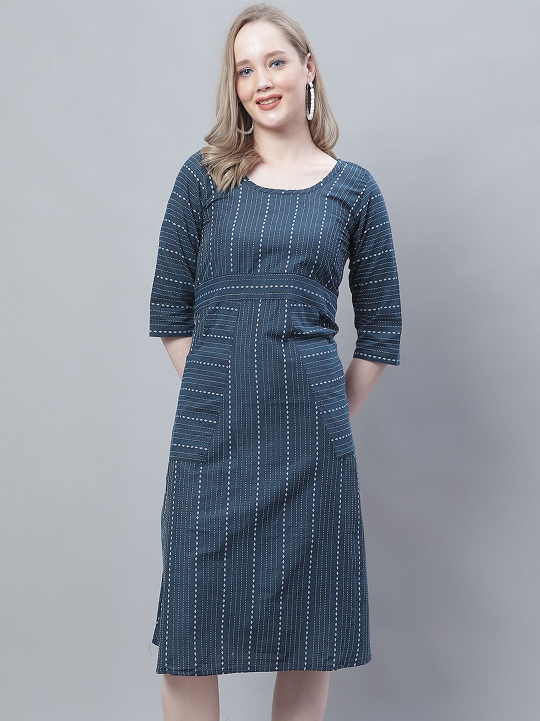 

Enchanted Drapes Striped Pure Cotton A-Line Midi Dress, Blue