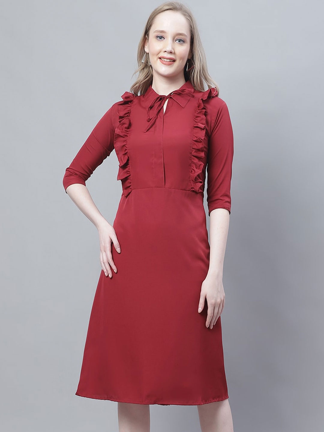 

Enchanted Drapes Tie Up Neck Crepe A-Line Midi Dress, Maroon