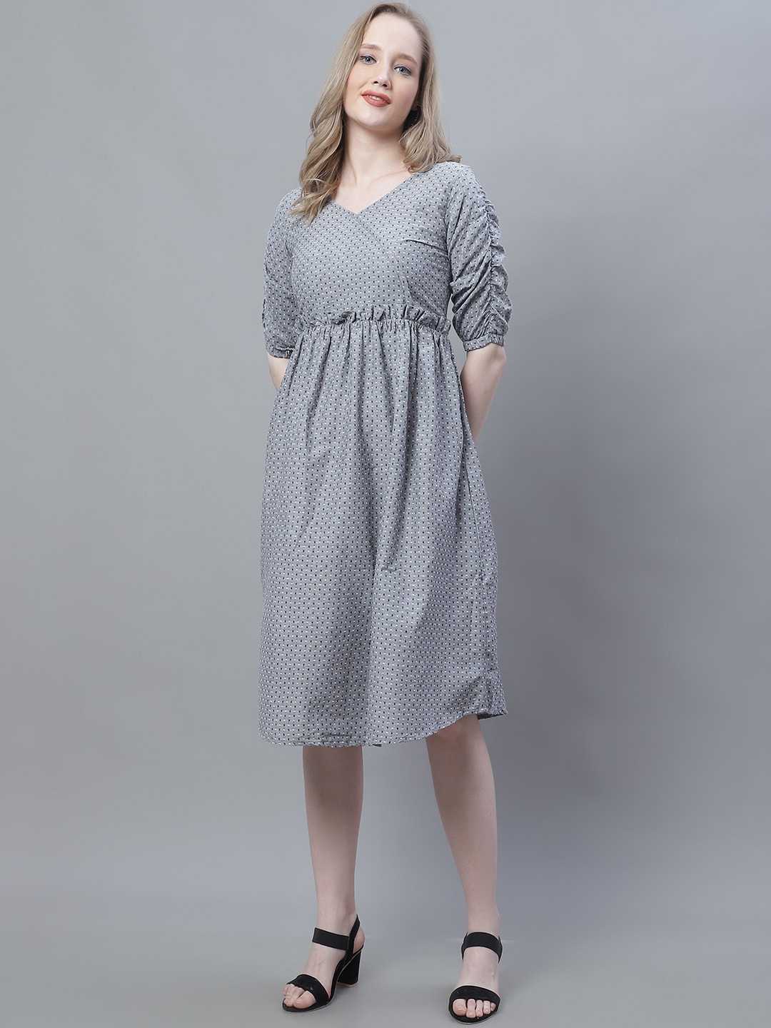 

Enchanted Drapes V-Neck Checked Fit and Flare Dress, Grey