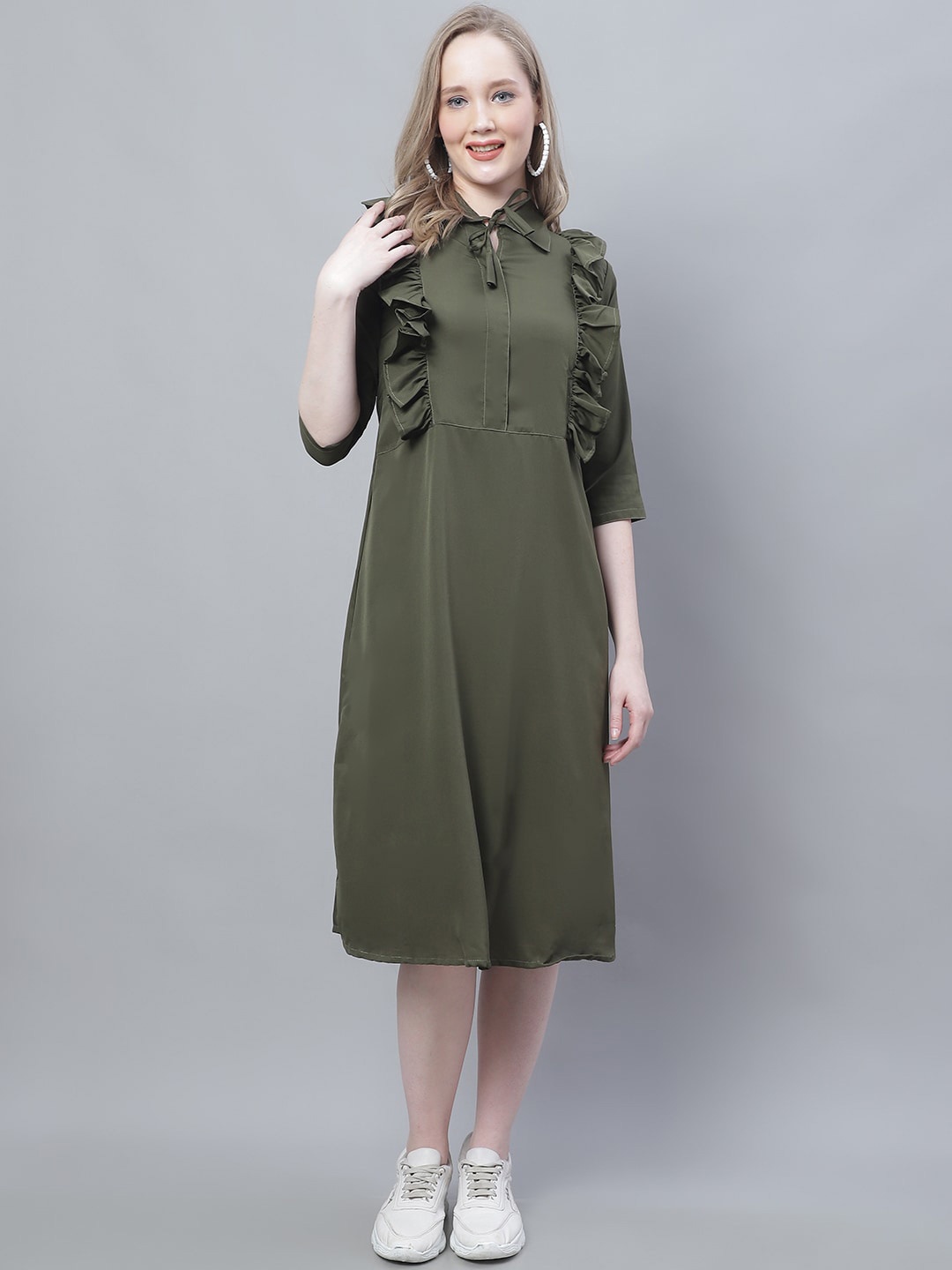 

Enchanted Drapes Tie Up Neck Crepe A-Line Midi Dress, Olive