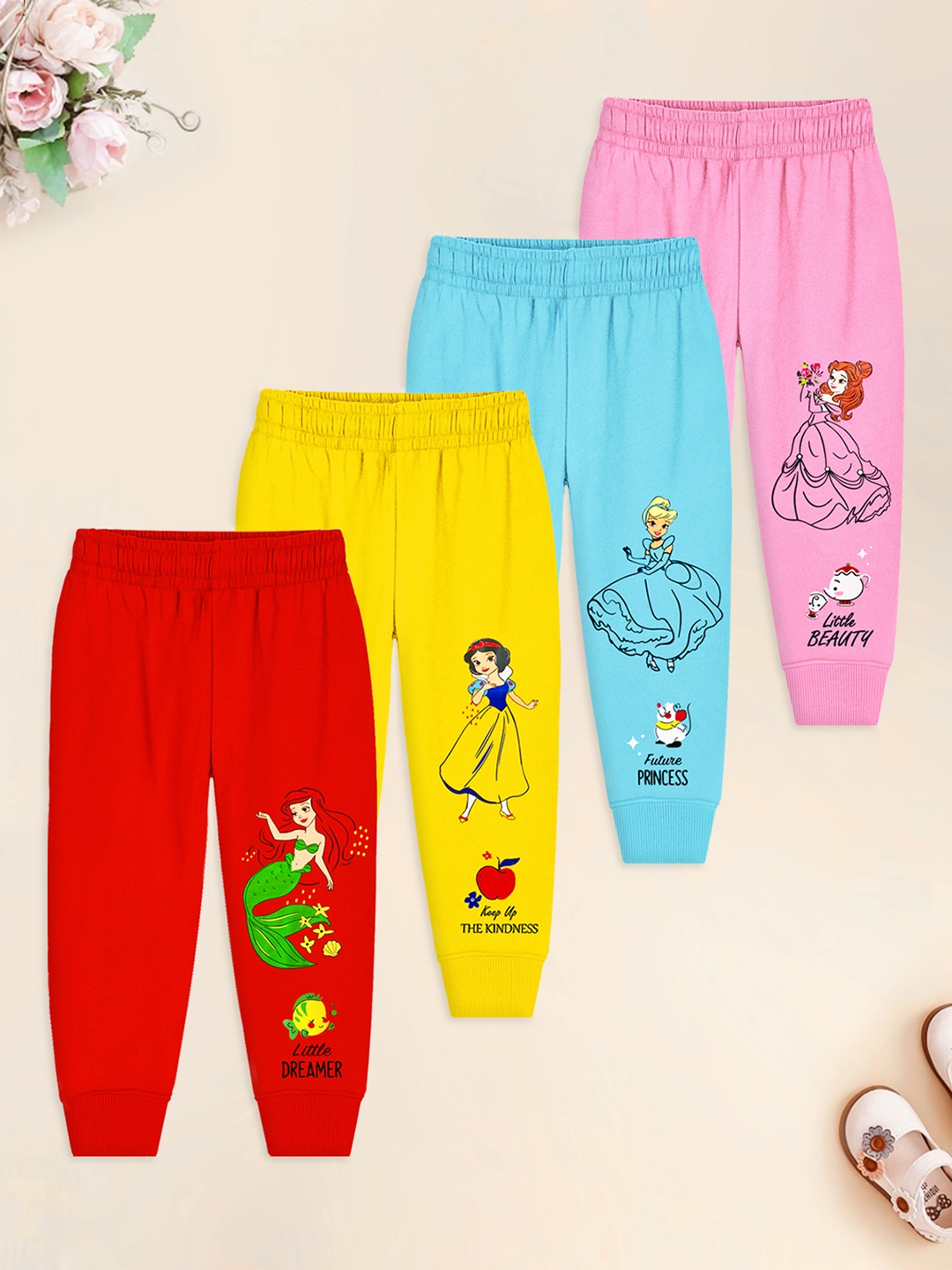 

YK Disney Girls Pack of 4 Disney Princess Printed Joggers, Red