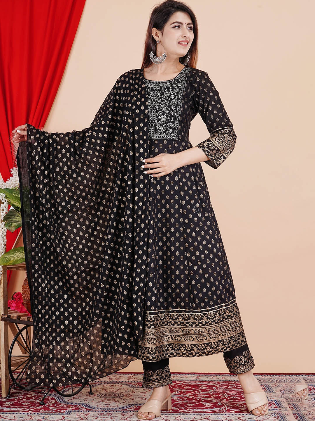 

misbis Floral Printed Mirror Work Kurta with Pyjamas & Dupatta, Black