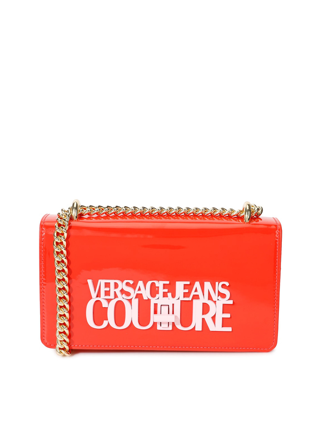 

Versace Jeans Couture Contrast Lettering Crossbody Bag Leather Structured Sling Bag, Red