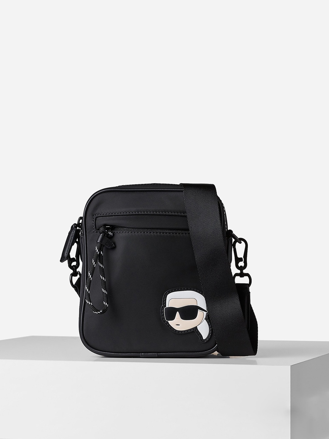 

Karl Lagerfeld Men Graphic Printed Applique Sling Bag, Black