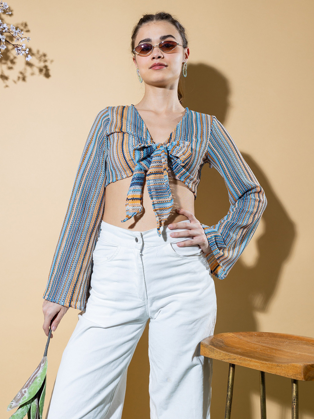 

Stylecast X Hersheinbox Blue & Beige Vertical Striped Flared Sleeves Blouson Crop Top