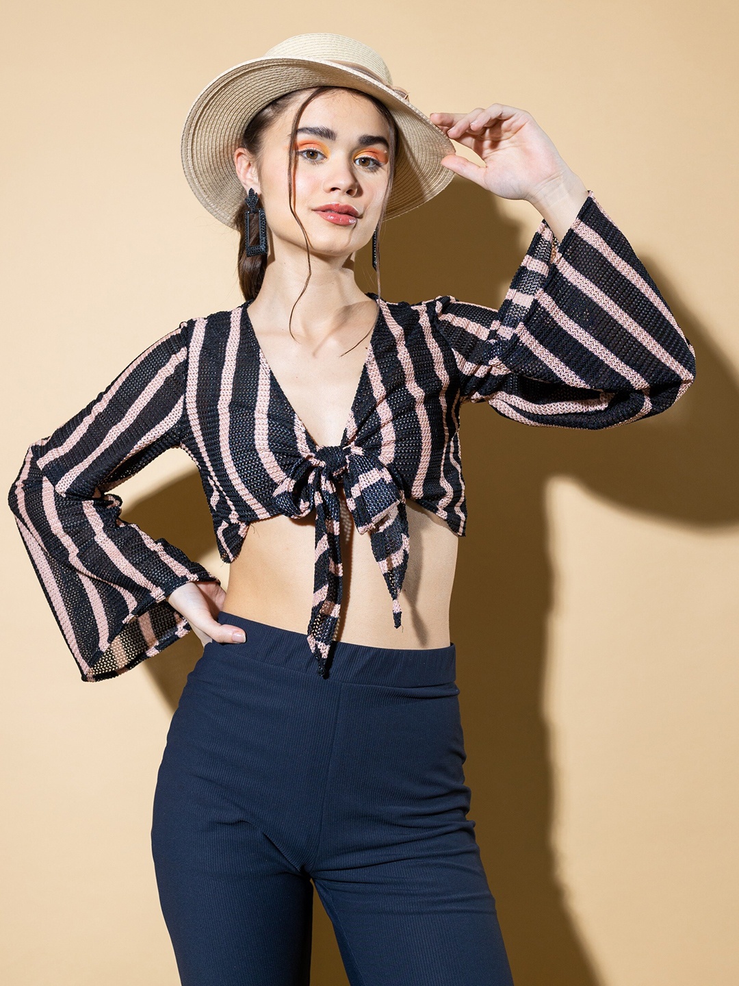 

Stylecast X Hersheinbox Black & Pink Vertical Striped Flared Sleeves Blouson Crop Top