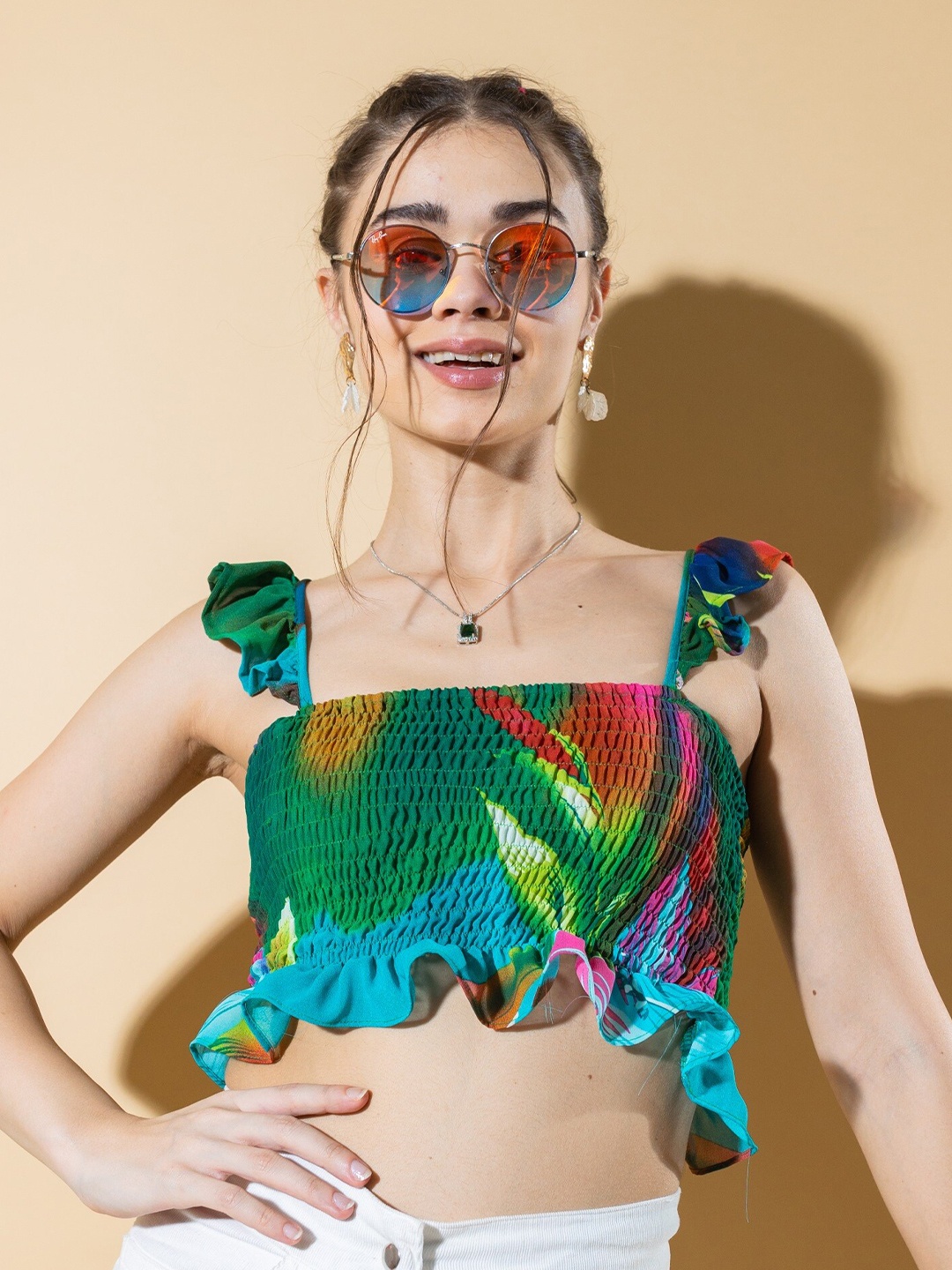 

Stylecast X Hersheinbox Green & Blue Abstract Printed Shoulder Straps Smocked Crop Top