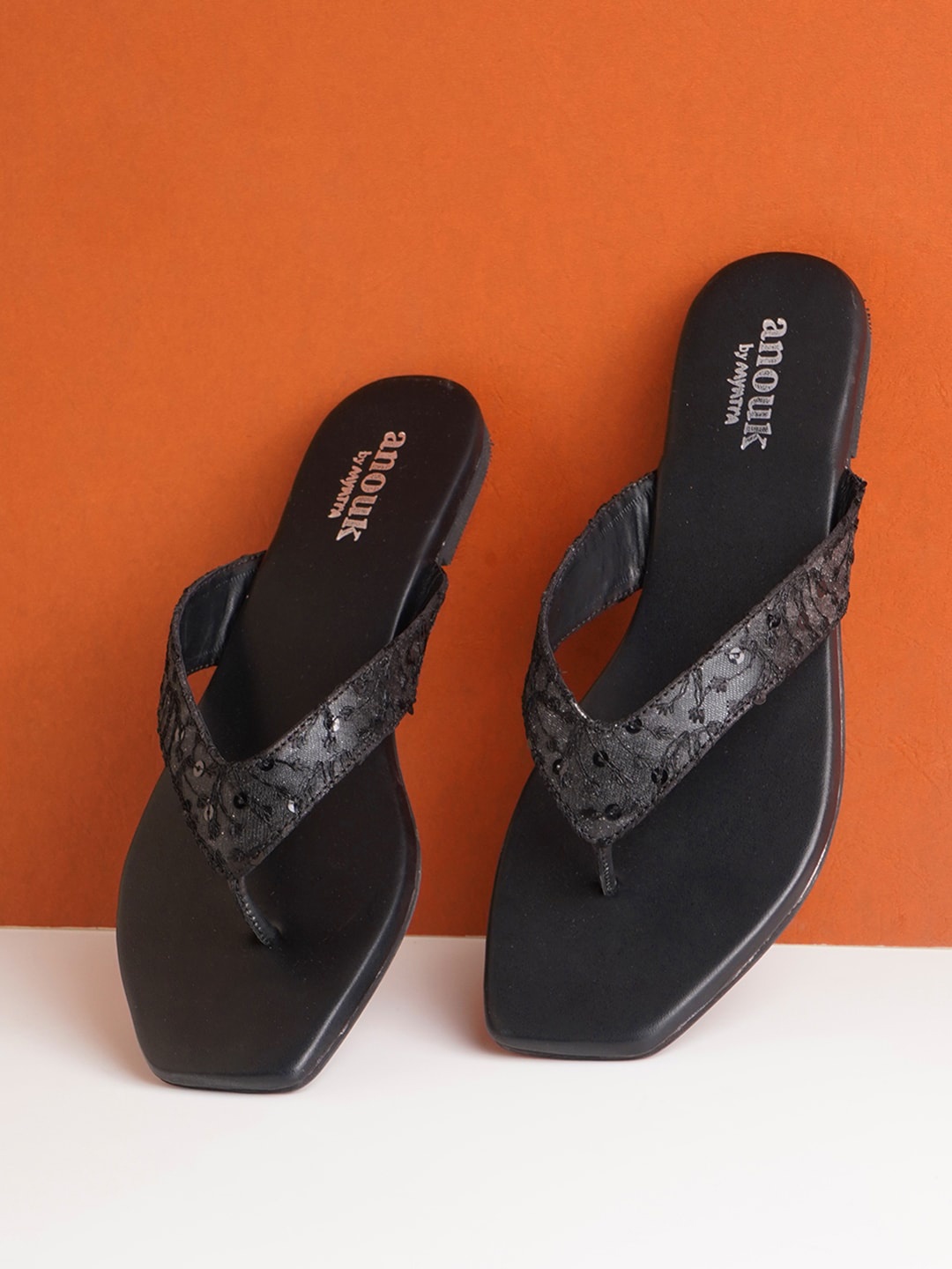 

Anouk Black Embellished Embroidered Fabric Open Toe Flats