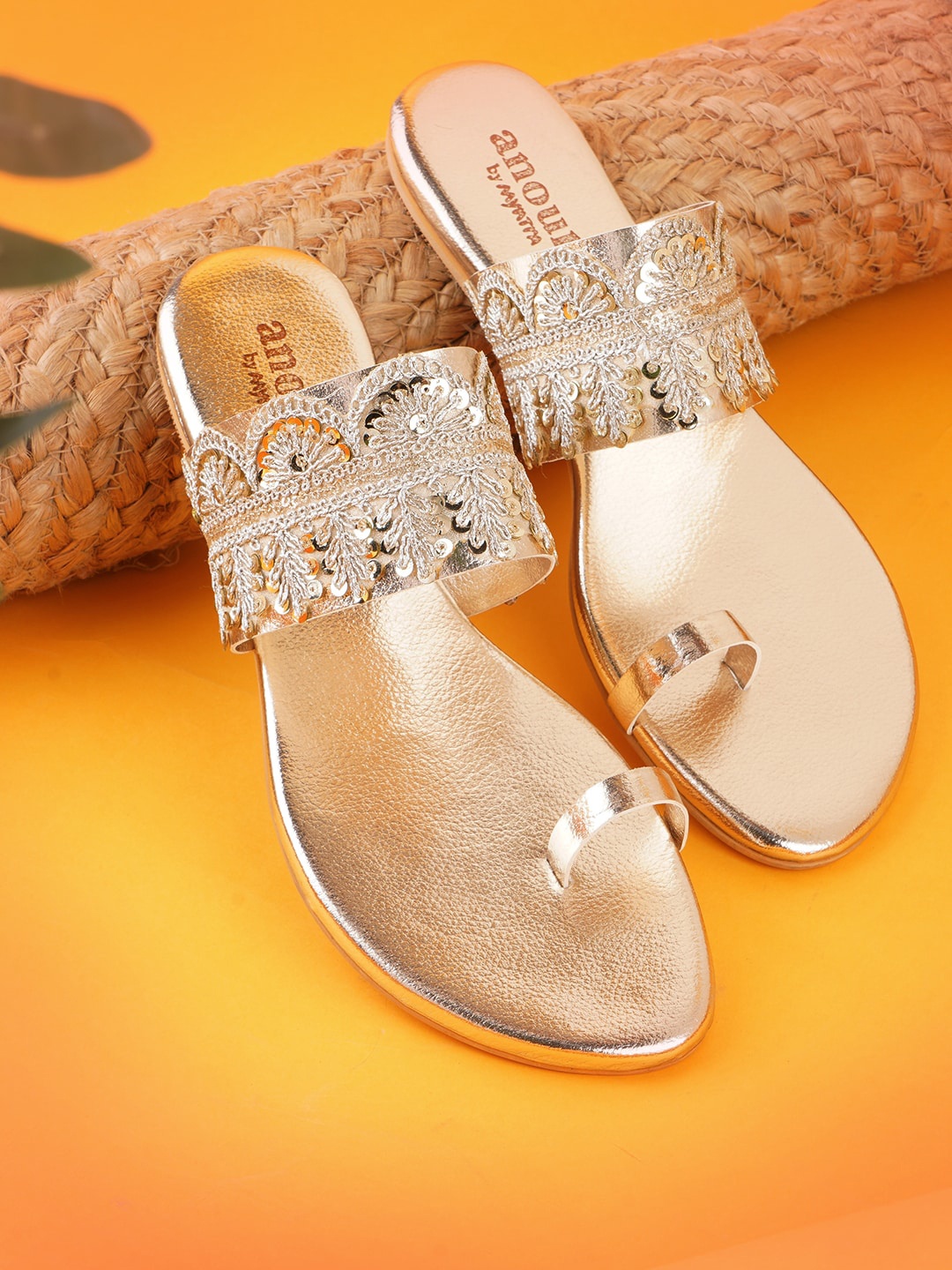 

Anouk Embellished Fabric Open One Toe Flats, Gold
