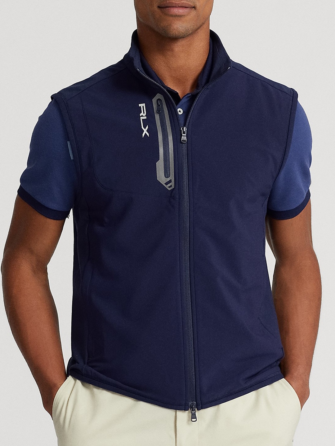

Polo Ralph Lauren Brand Logo Printed Cotton Stand Collar Sleeveless Sporty Jacket, Navy blue