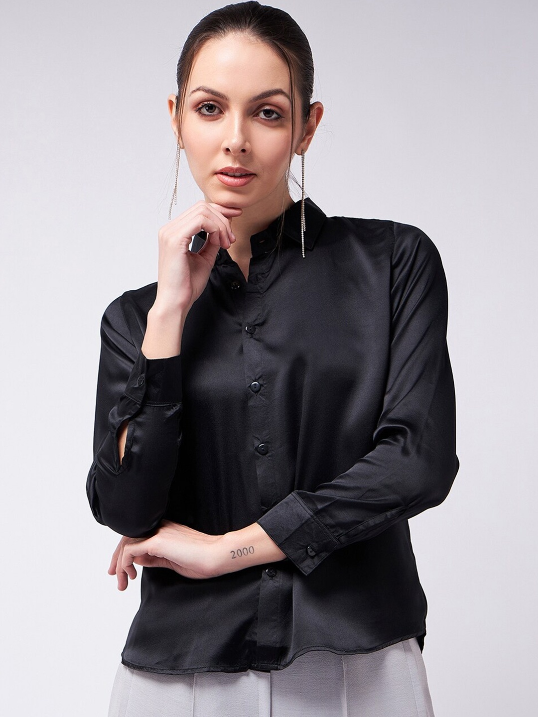 

COLOR CAPITAL Spread Collar Satin Casual Shirt, Black