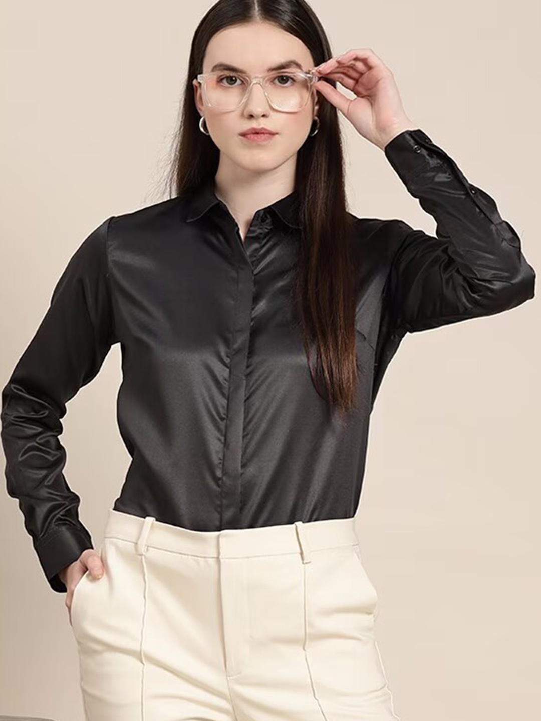 

COLOR CAPITAL Casual Shirt Style Satin Top, Black