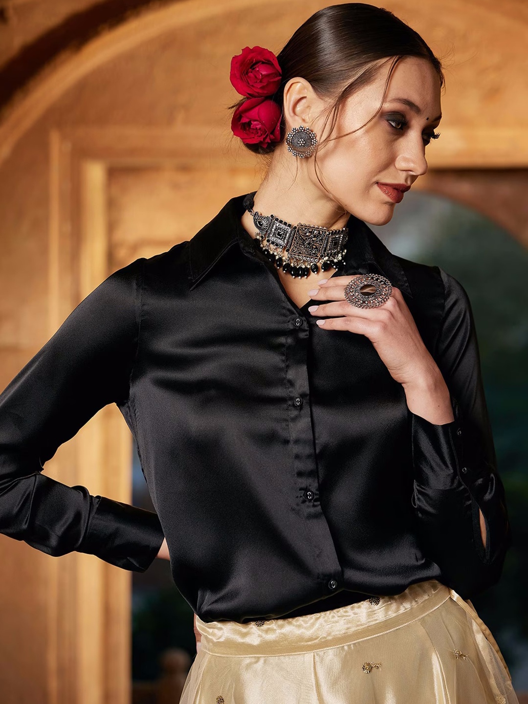 

COLOR CAPITAL Cuffed Sleeves Satin Shirt Style Top, Black