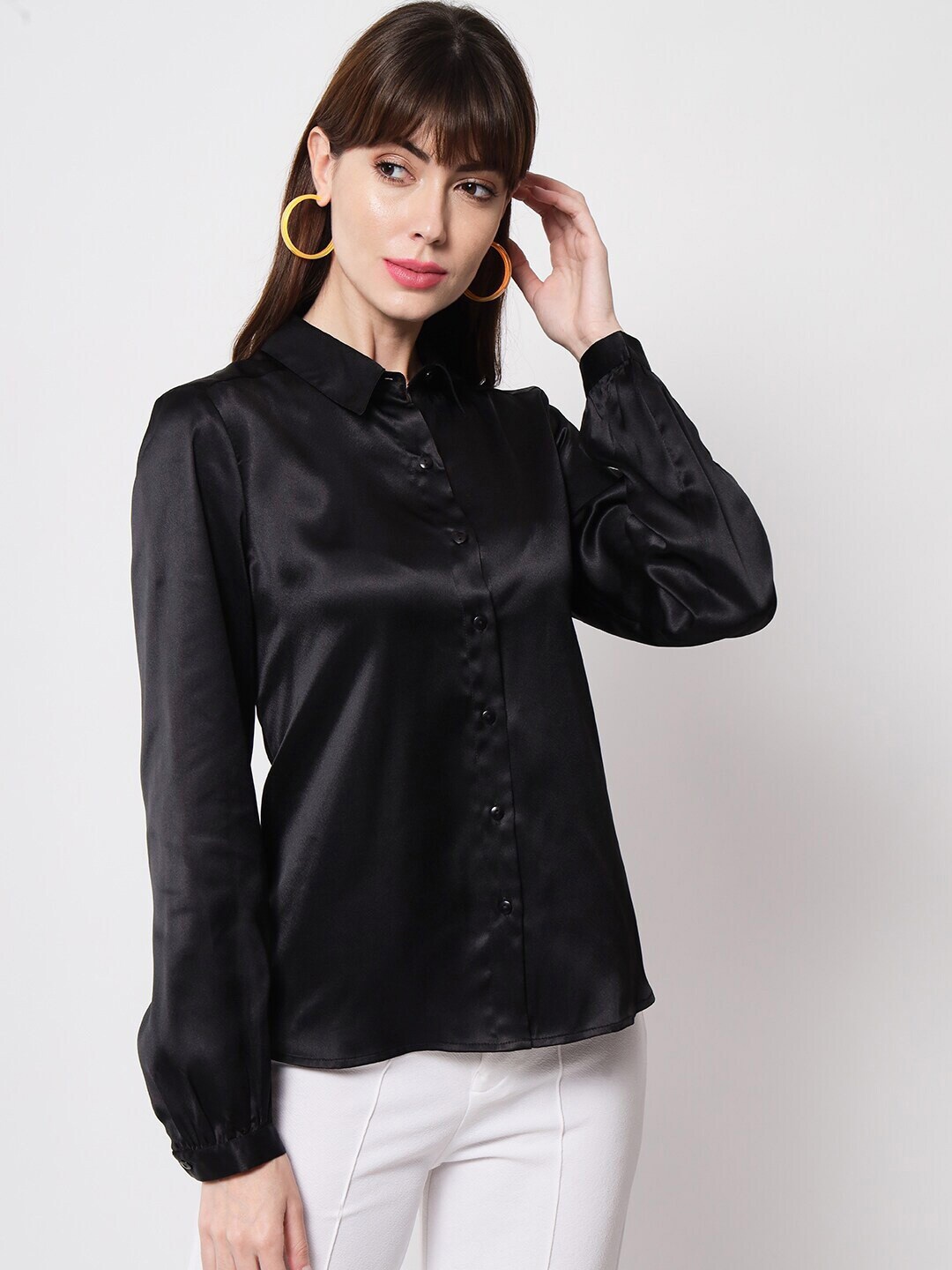 

COLOR CAPITAL Casual Shirt Style Satin Top, Black