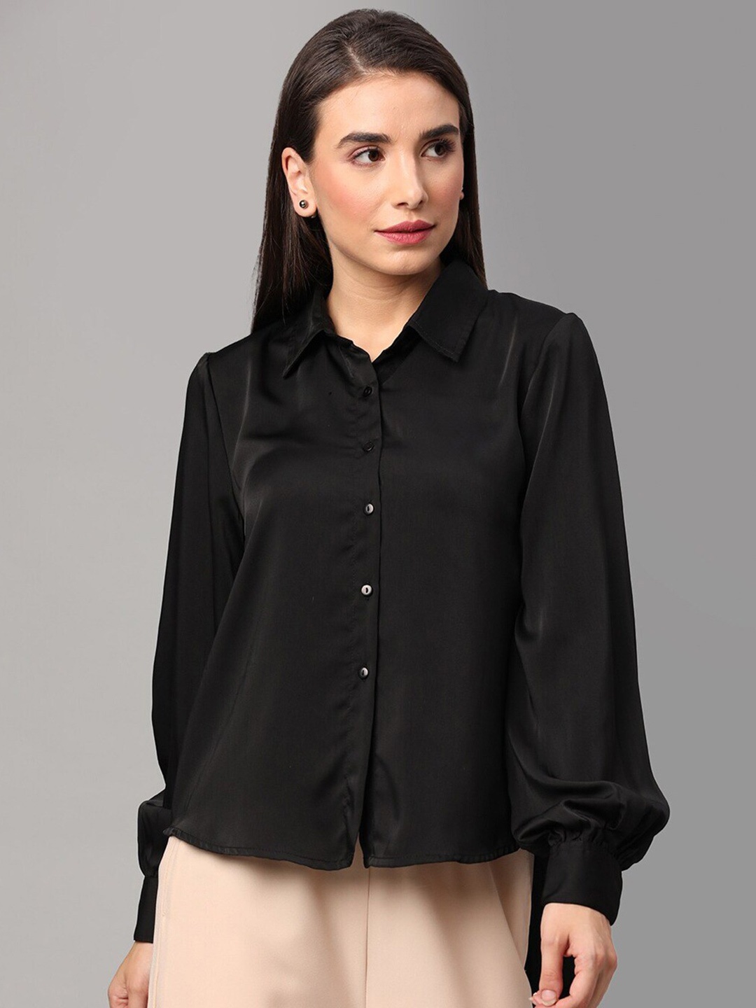 

COLOR CAPITAL Casual Shirt Style Satin Top, Black