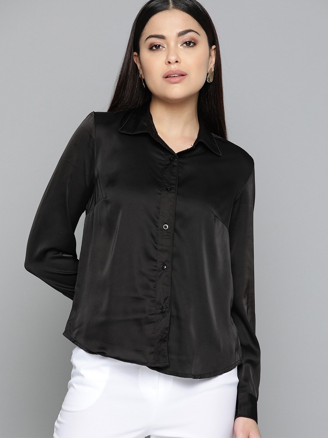 

COLOR CAPITAL Casual Shirt Style Satin Top, Black