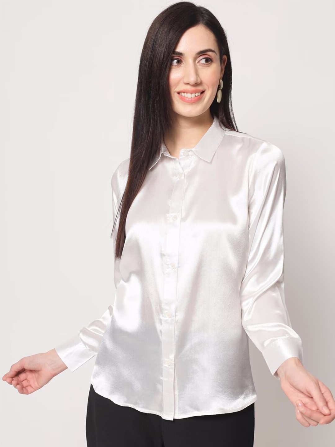 

COLOR CAPITAL Spread Collar Satin Casual Shirt, White