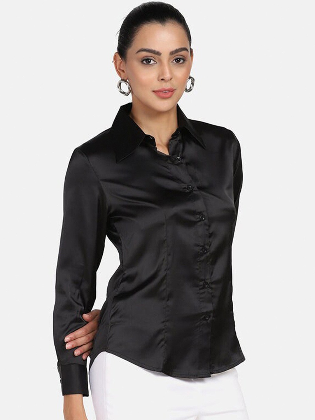 

COLOR CAPITAL Casual Shirt Style Satin Top, Black