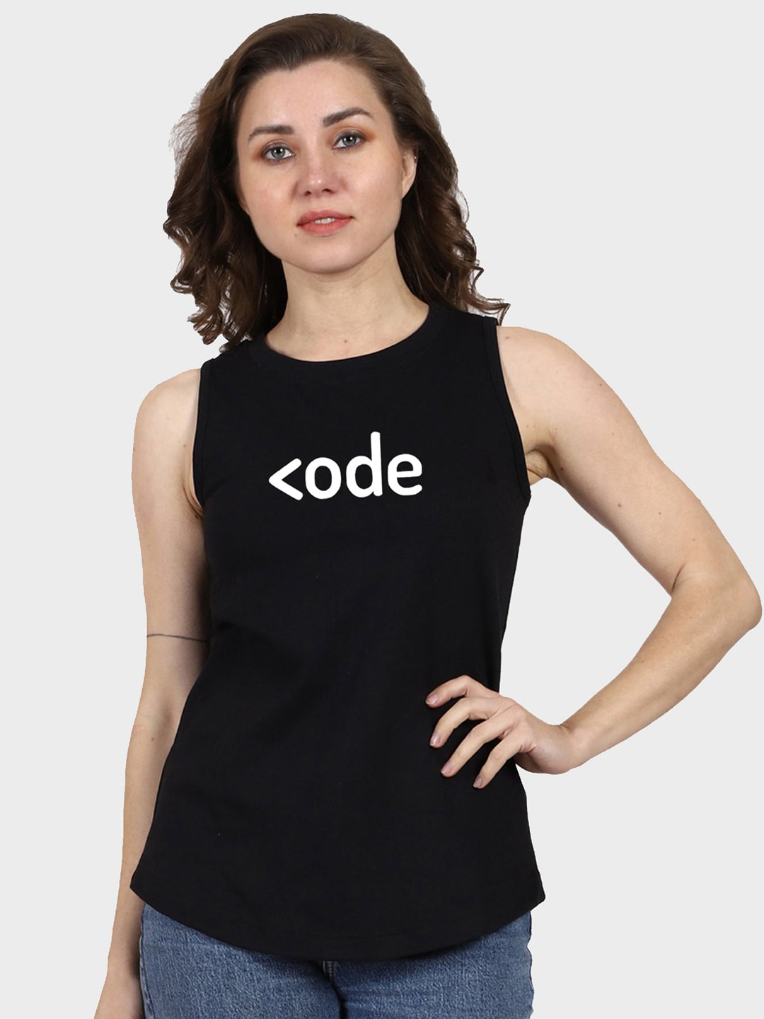 T-SHIRT TRUCK Sleeveless Typography Printed Cotton T-shirt, Black