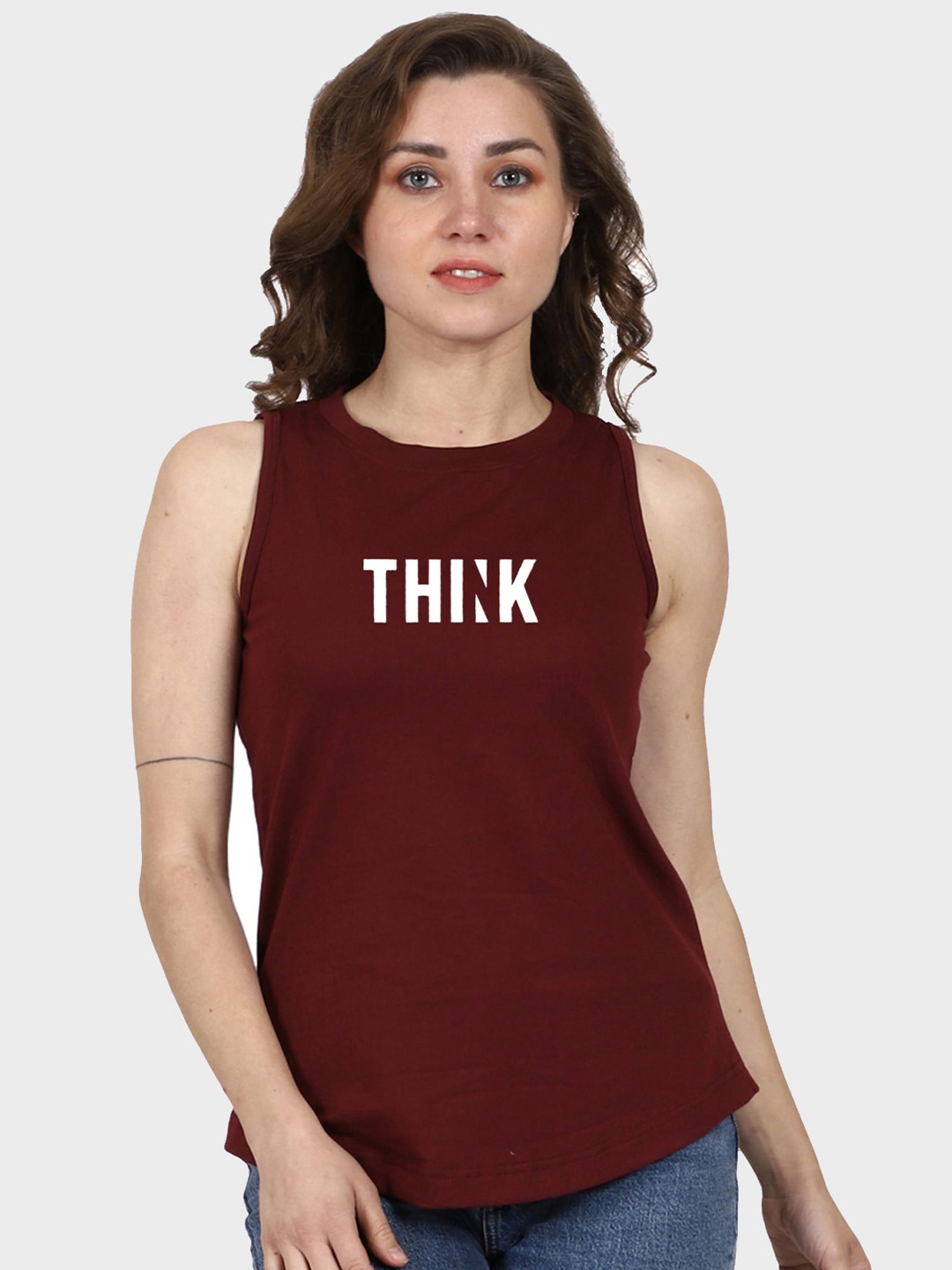 

T-SHIRT TRUCK Typography Printed Sleeveless Casual T-shirt, Maroon