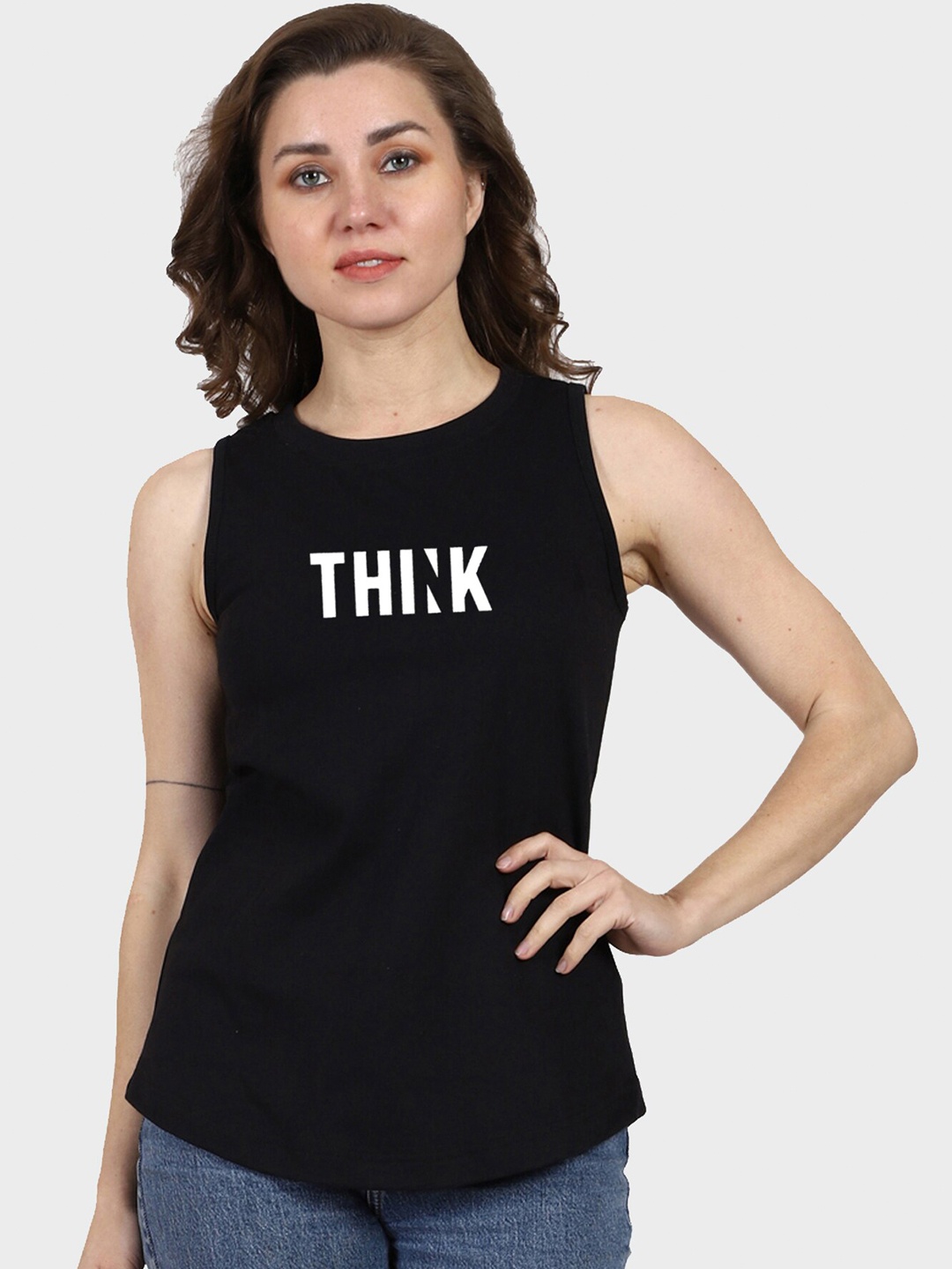 

T-SHIRT TRUCK Typography Printed Sleeveless Cotton T-shirt, Black