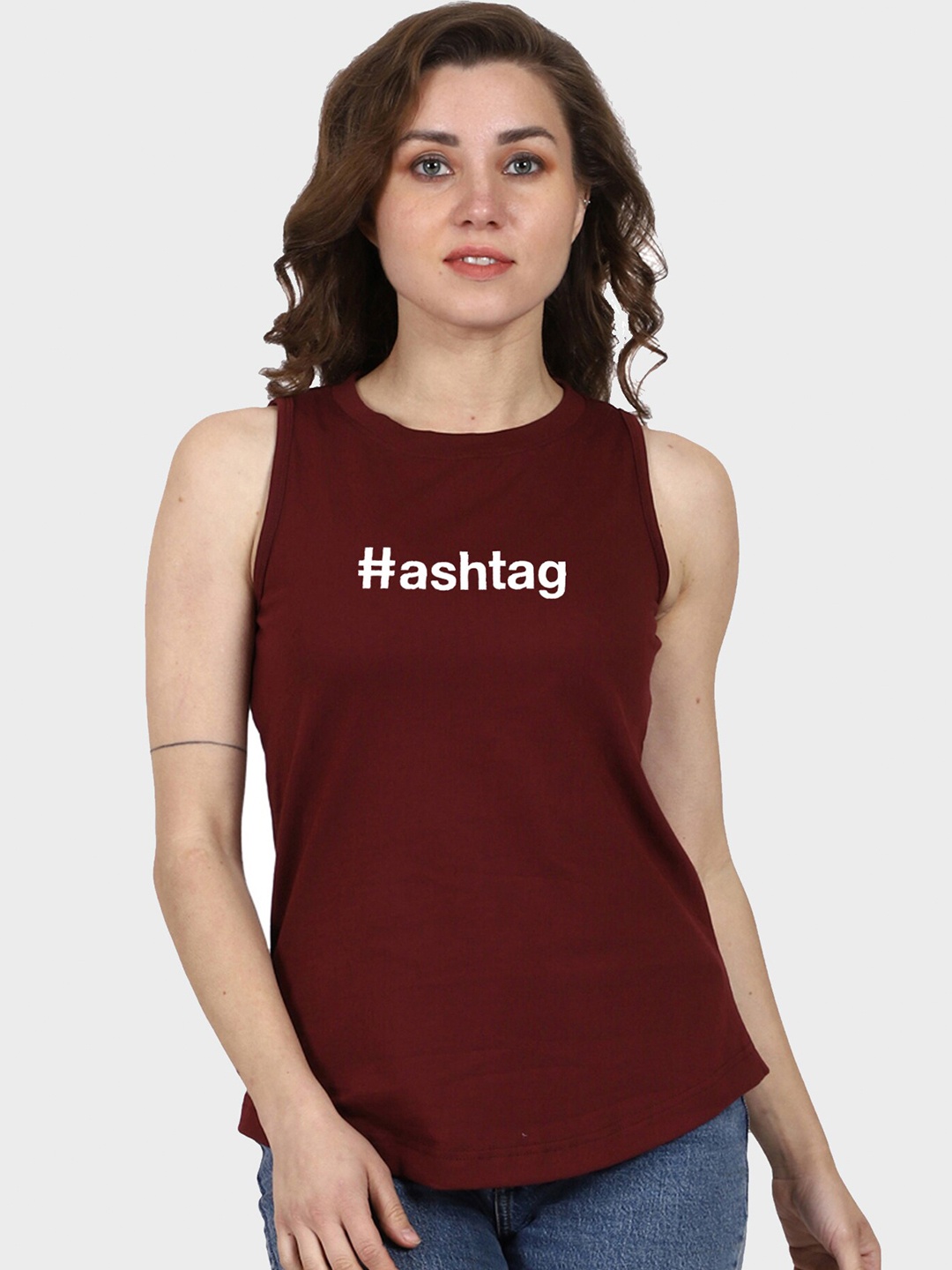 

T-SHIRT TRUCK Typography Printed Sleeveless Cotton T-shirt, Maroon