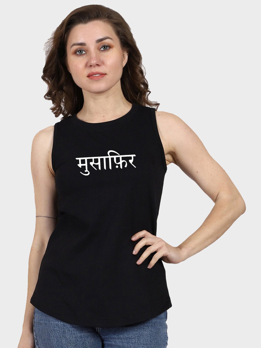 T-SHIRT TRUCK Typography Printed Sleeveless Cotton T-shirt, Black