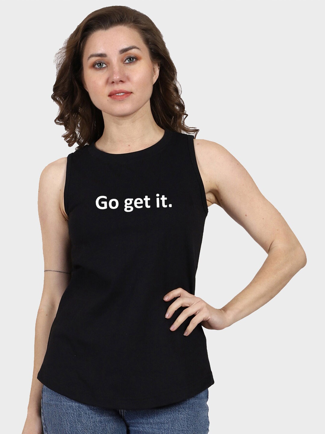 

T-SHIRT TRUCK Typography Printed Sleeveless Cotton T-shirt, Black