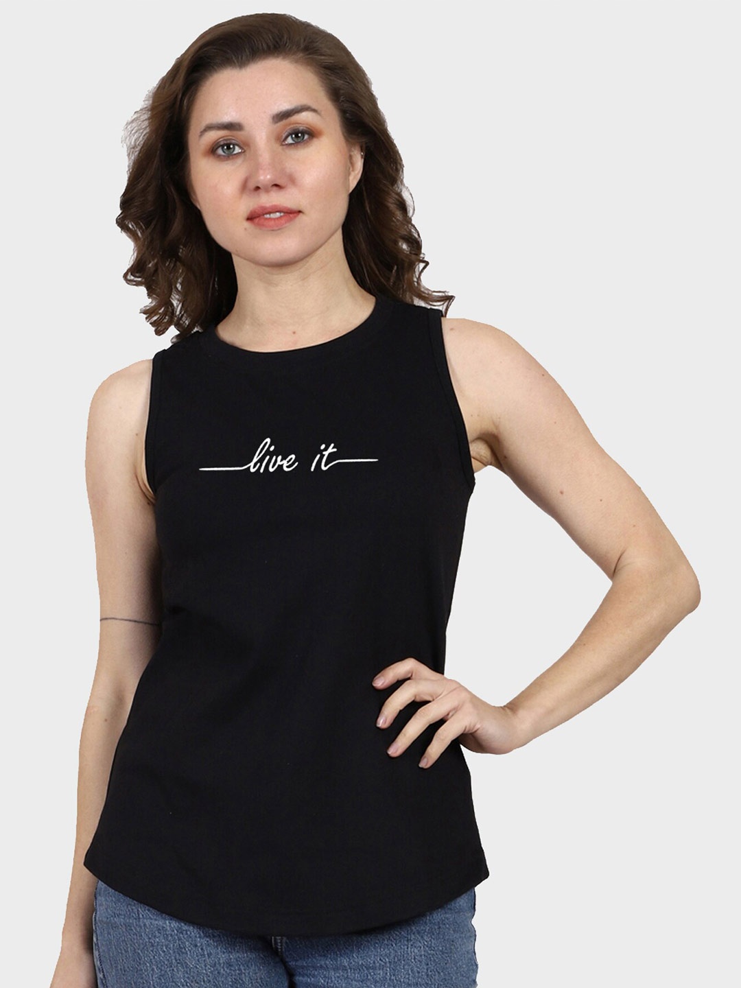 T-SHIRT TRUCK Sleeveless Typography Printed Cotton T-shirt, Black
